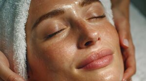 A woman reading the back of a skincare bottle and reviewing the product’s ingredient list in a well-lit, home bathroom.