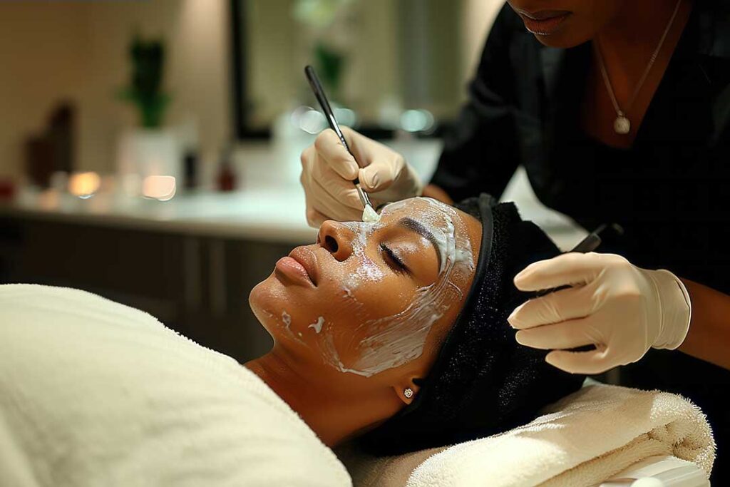 Person gently cleansing their face beside a window with moisturizer and sunscreen nearby