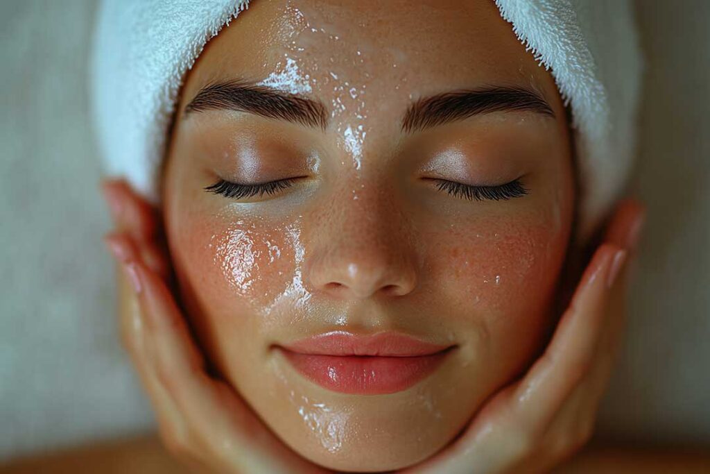 Person gently applying fragrance-free moisturizer to a red, irritated cheek beside a cool damp cloth.